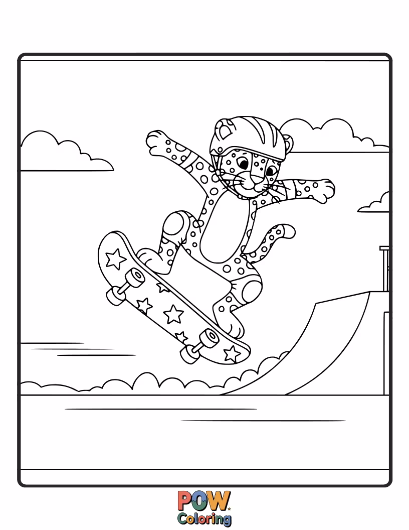 Free coloring page of A cool leopard is performing an awesome trick on a skateboard. Color its awesome gear and action pose.
