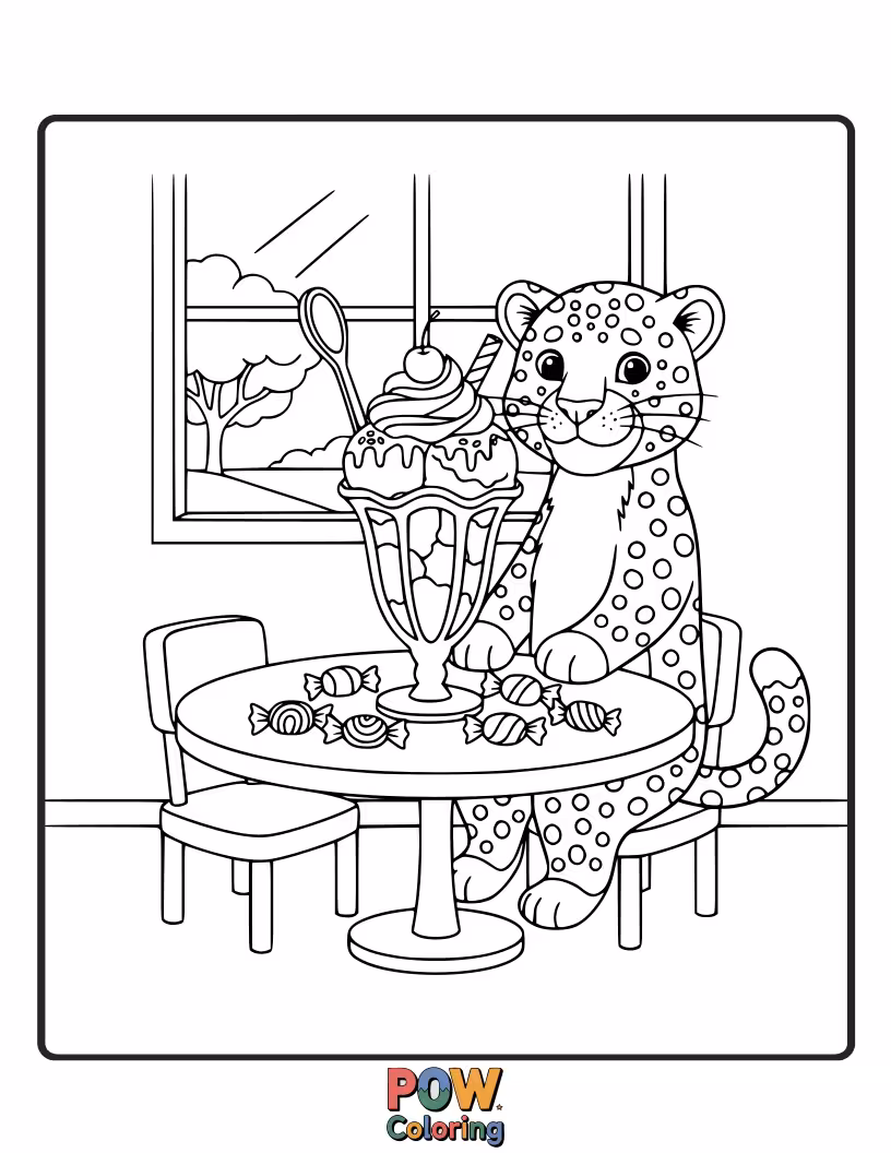 Free coloring page of This leopard is enjoying a delectable cupcake with rosettes made of frosting. What delicious flavors will you create?