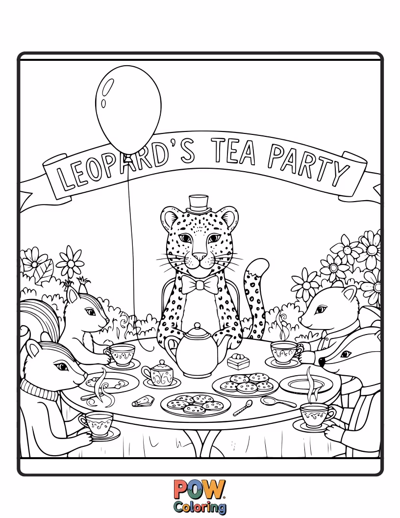 Free coloring page of A sophisticated leopard is hosting a fancy tea party with tiny teacups and a saucer. Who are its guests?