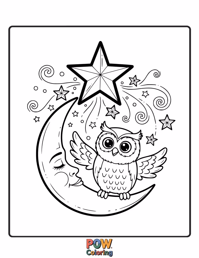 Free coloring page of An owl with shimmering wings, surrounded by twinkling stars and a crescent moon.