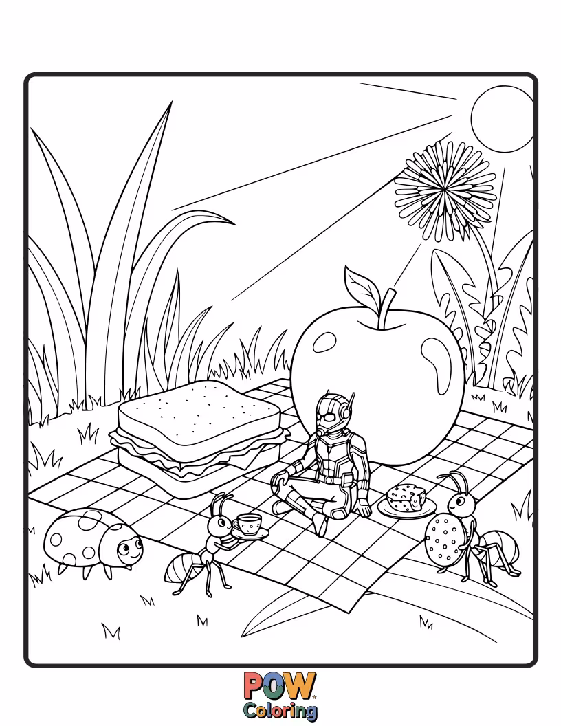 Free coloring page of Ant-Man and the Wasp having a miniature picnic on a giant mushroom, enjoying tiny sandwiches.