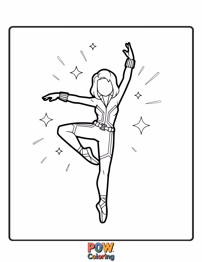 Free coloring page of A graceful Black Widow in a tiny tutu, performing a pirouette amidst blooming nightshade flowers.
