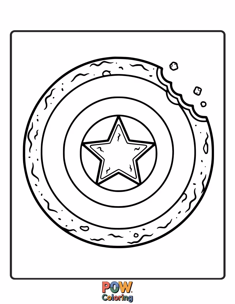 Free coloring page of Captain America proudly holding a giant, decorated cookie shaped like his iconic shield.
