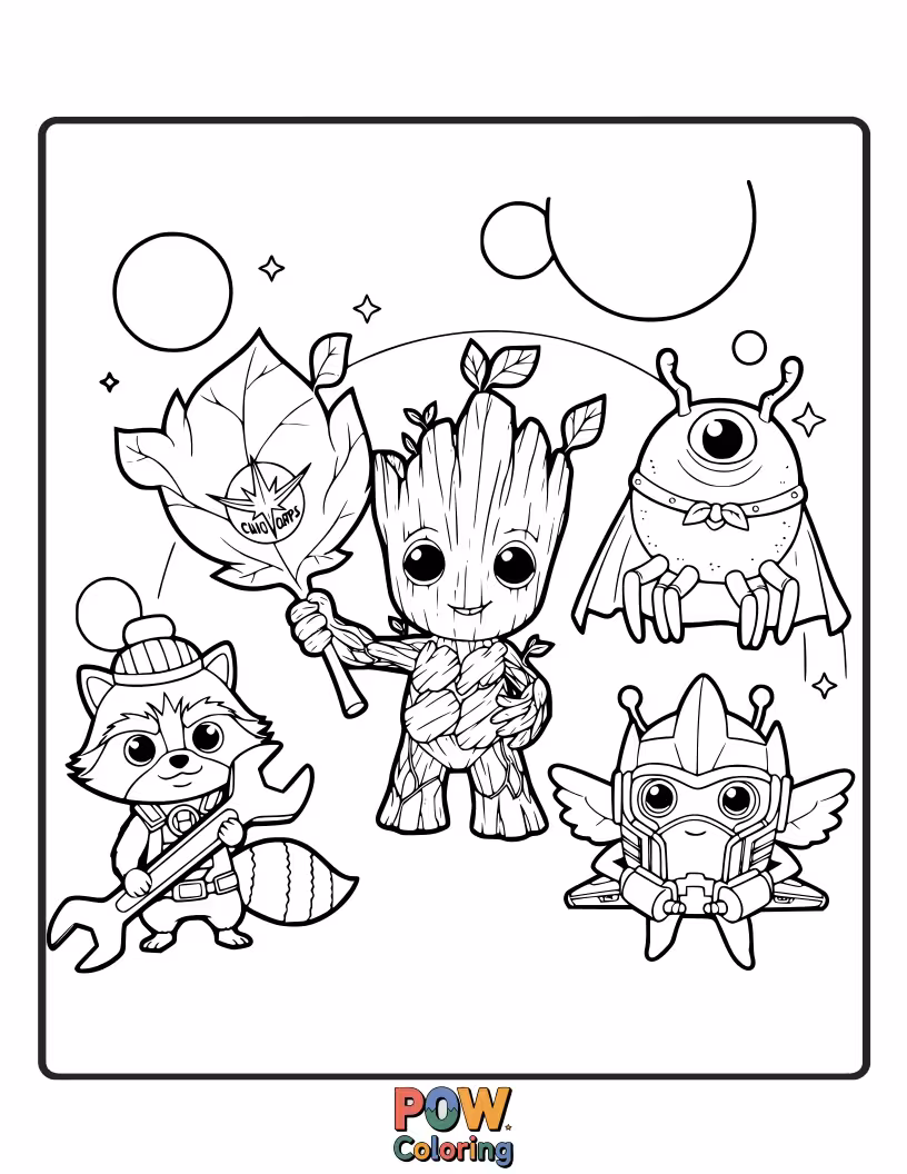 Free coloring page of Adorable, fluffy alien creatures from across the Marvel cosmos, like a baby Groot playing with a Star-Lord helmet.