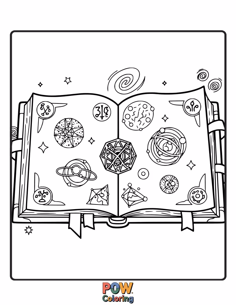 Free coloring page of A curious baby Doctor Strange surrounded by floating, glowing spellbooks and enchanted tea cups.