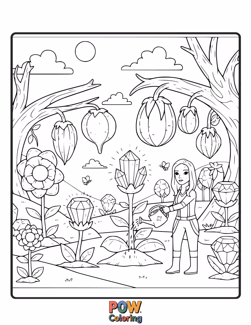 Free coloring page of Gamora tending a garden filled with sparkling, colorful gemstones and exotic alien plants.