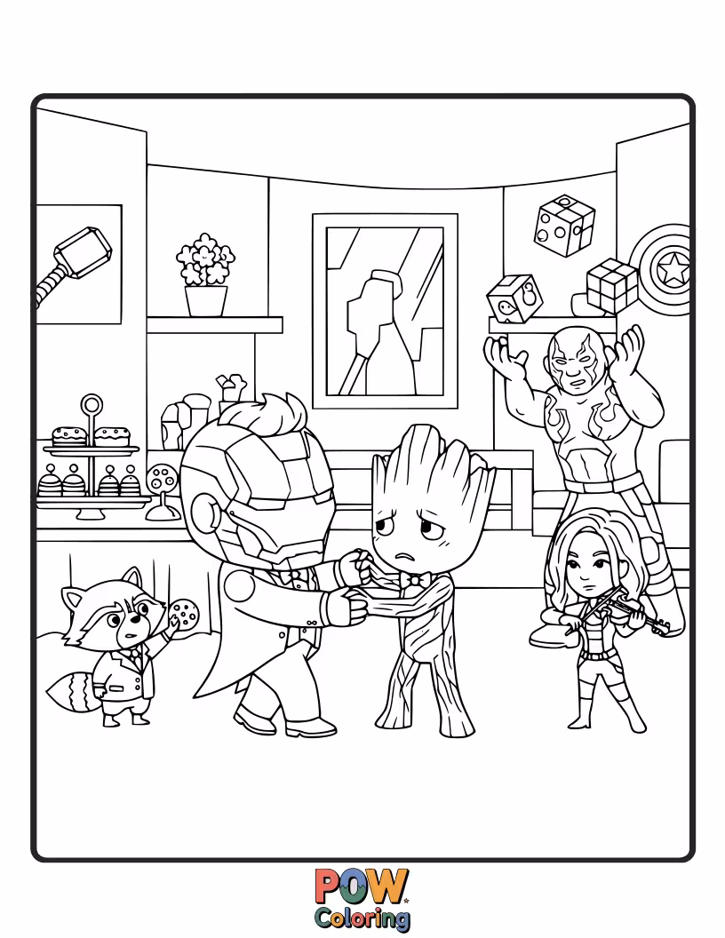 Free coloring page of The Guardians of the Galaxy dressed in silly party hats, dancing with oversized balloons and confetti.
