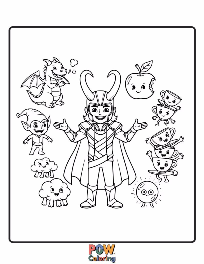 Free coloring page of Baby Loki with mischievous eyes, conjuring sparkling illusions of playful bunnies and butterflies.