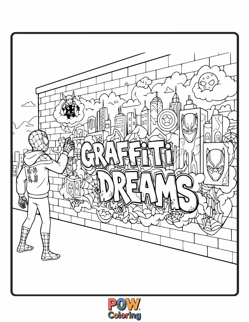 Free coloring page of Miles Morales spray-painting vibrant, playful murals of friendly spiders and cityscapes.