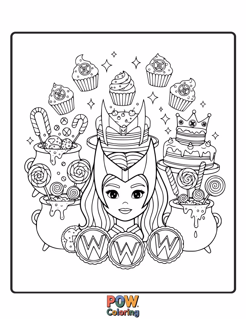 Free coloring page of Scarlet Witch floating colorful, magical candies and pastries with her telekinetic powers.