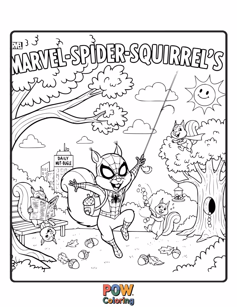 Free coloring page of A playful squirrel in a tiny Spider-Man costume swinging through a park filled with oversized acorns.