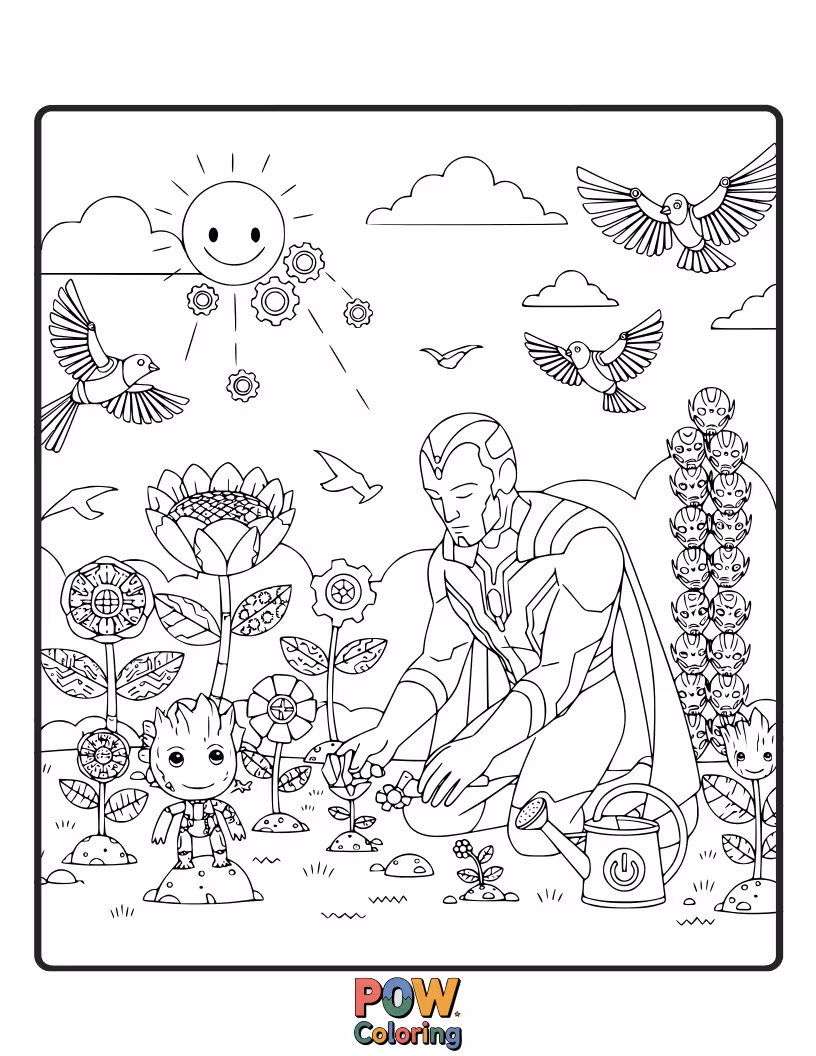 Free coloring page of Vision tending a vibrant garden where the flowers glow with gentle energy.