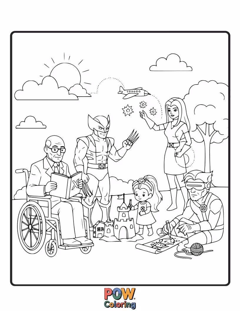 Free coloring page of Baby versions of popular X-Men characters like Storm controlling miniature clouds and Wolverine with tiny claws.