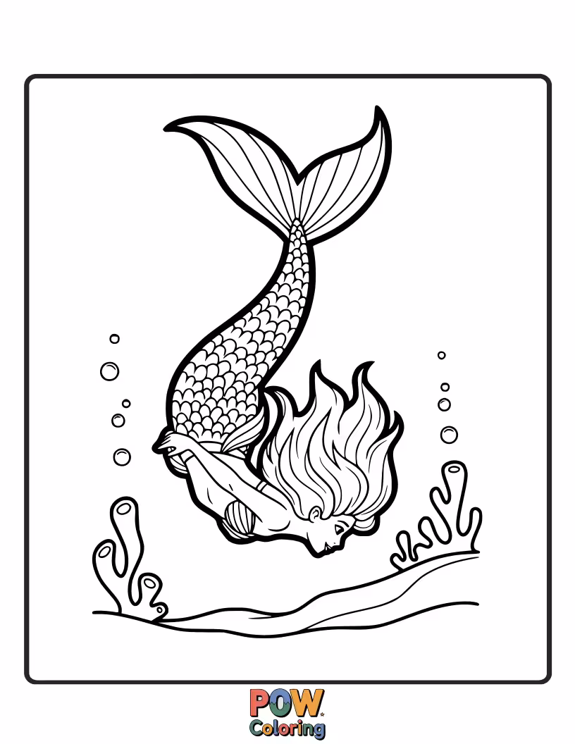 Free coloring page of A daring mermaid performing an impressive somersault through a hoop of glowing jellyfish, showcasing her agility.
