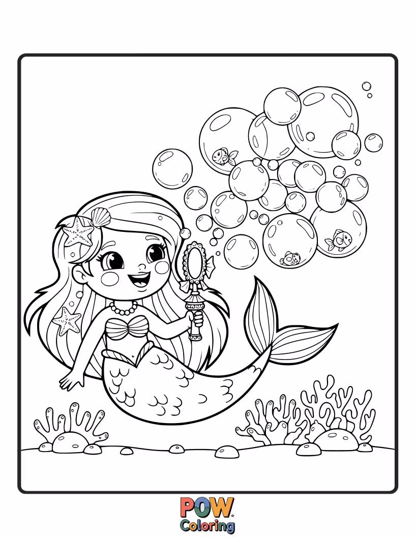 Free coloring page of A giggling mermaid blowing enormous, iridescent bubbles that float upwards, filled with tiny sea creatures.