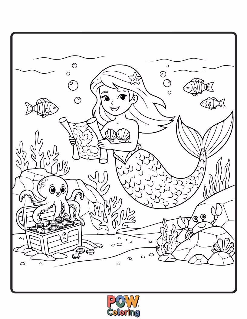 Free coloring page of An excited mermaid discovering a chest overflowing with sparkling gems and ancient coins at the bottom of the sea.