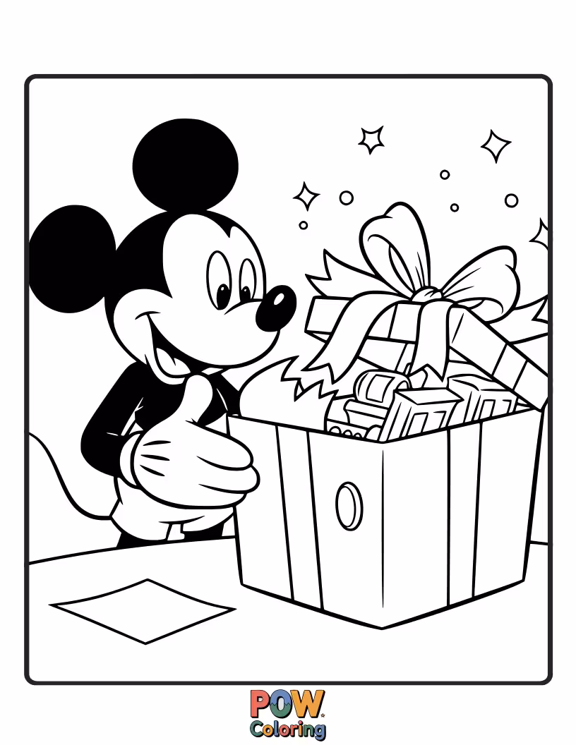 Free coloring page of Mickey Mouse excitedly tears open a Christmas present, eyes wide with anticipation.