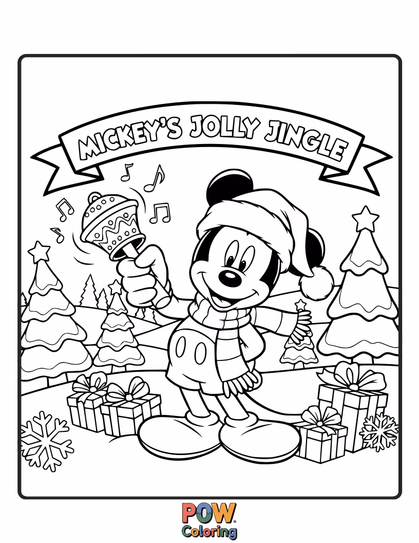 Free coloring page of Mickey leads a merry Christmas carol with his pals, jingling bells and spreading holiday cheer.
