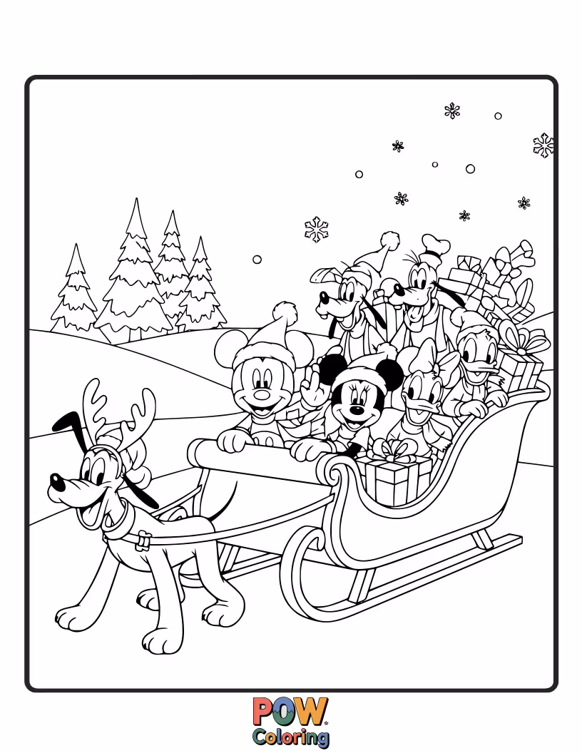 Free coloring page of Mickey Mouse peeks into a Christmas sleigh filled with presents, looking amazed.