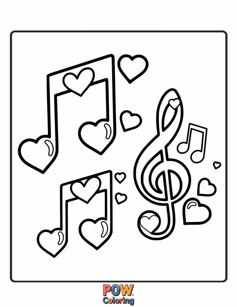 Free coloring page of Hearts intertwined with musical notes and treble clefs, playing a sweet melody. Harmonious and rhythmic.