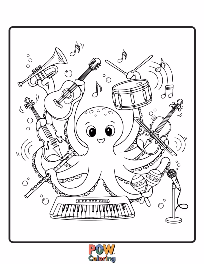 Free coloring page of This talented octopus plays multiple instruments simultaneously, creating a symphony of underwater sounds with its eight arms.