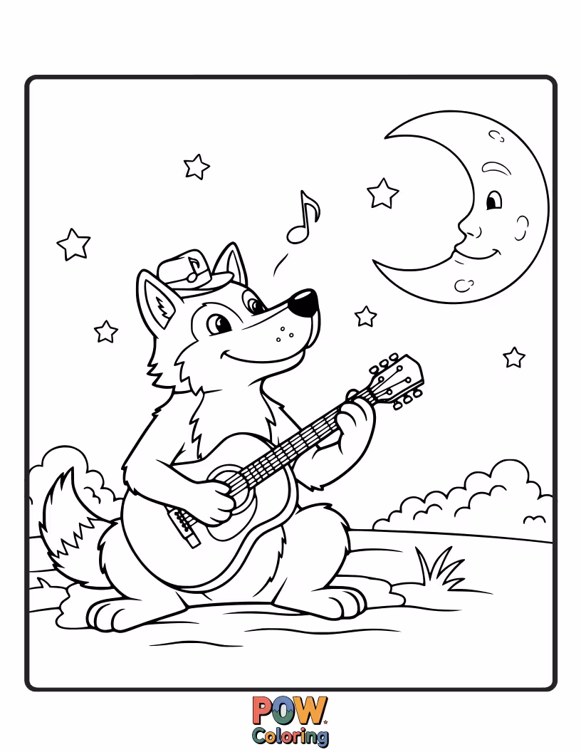 Free coloring page of A romantic wolf serenades the moon with a charming lute under starry skies.