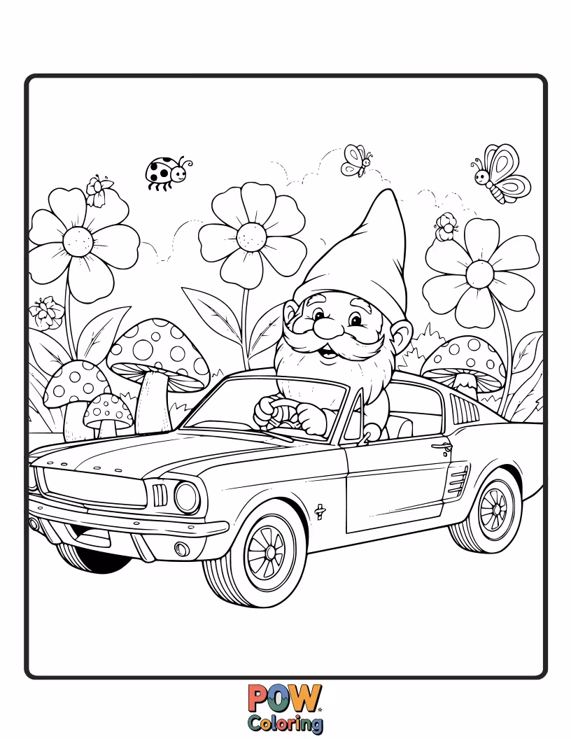 Free coloring page of A tiny Mustang car parked amongst oversized flowers and mushrooms, like a garden resident.
