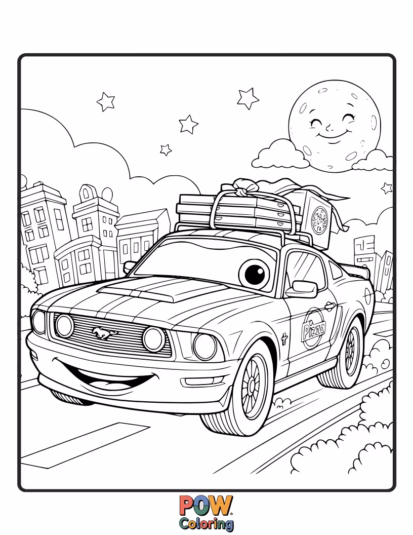 Free coloring page of A speedy Mustang loaded with delicious pizzas, racing to hungry customers.