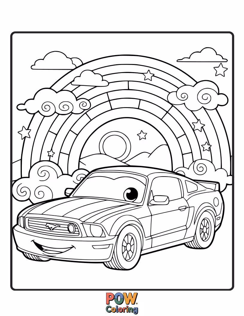 Free coloring page of A vibrant Mustang car leaving a colorful rainbow trail as it speeds along.