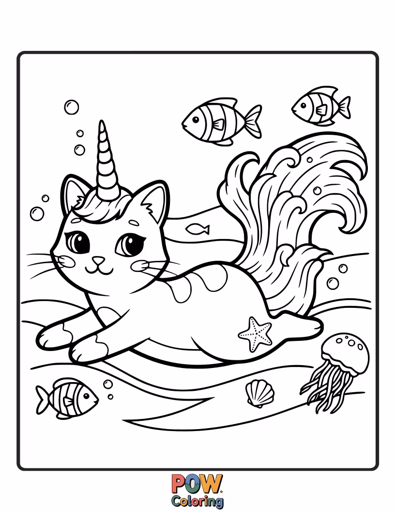 Free coloring page of A serene unicorn cat swimming gracefully amongst colorful coral reefs and playful seahorses, its horn emitting a soft glow.