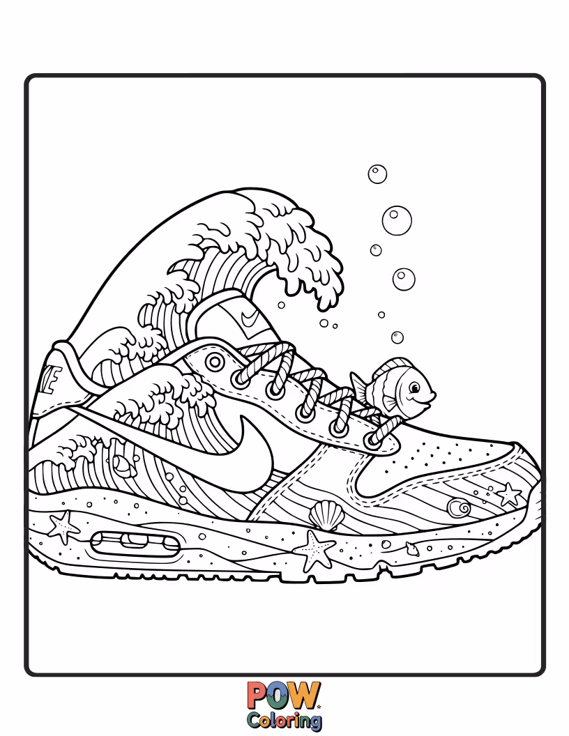 Free coloring page of A cool Nike shoe riding a cresting ocean wave, complete with playful dolphins and seashell accents.