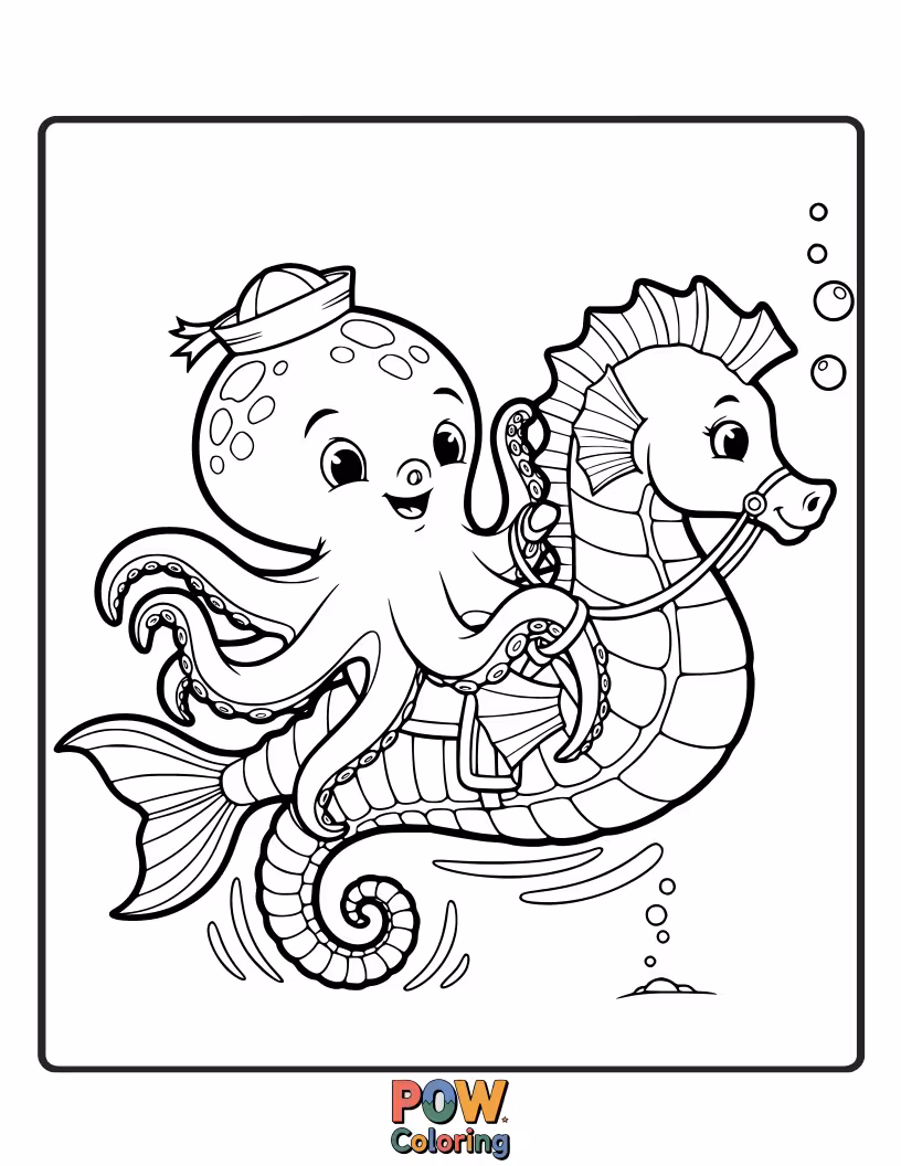 Free coloring page of A fun-loving octopus joyfully riding on the back of a friendly, galloping seahorse through the ocean.