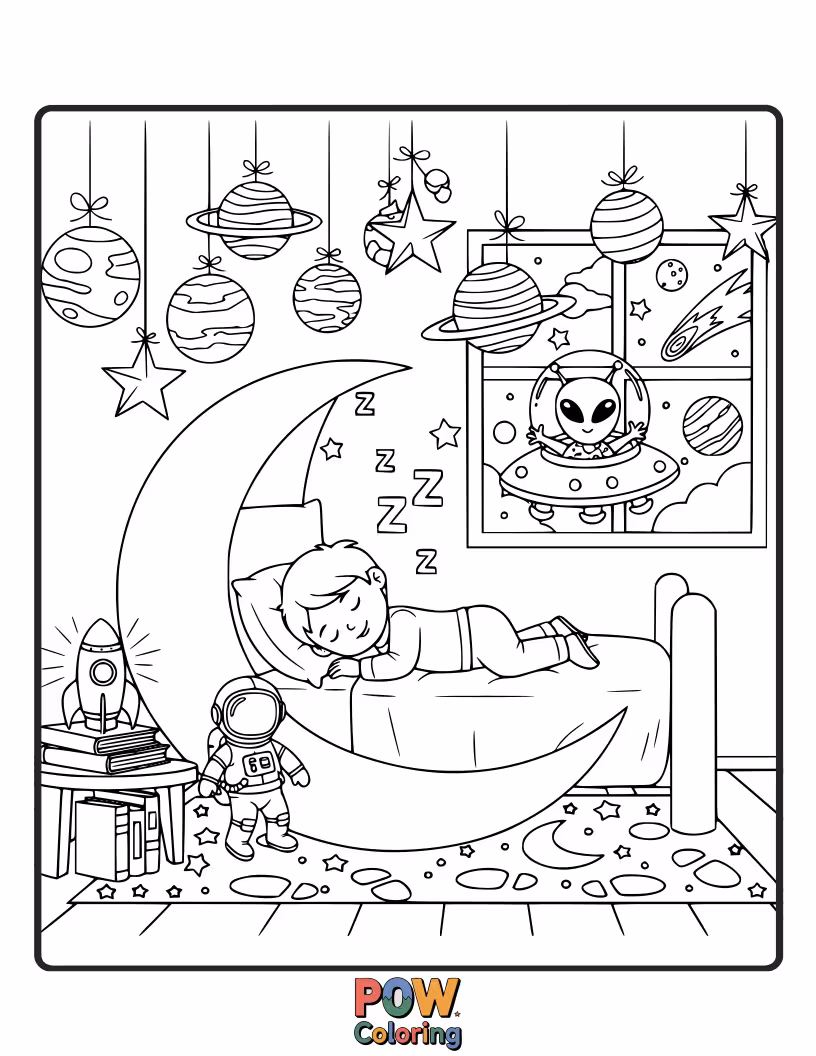 Free coloring page of Aliens, UFOs, and starry night patterns create a quirky and cosmic setting for bedtime stories.