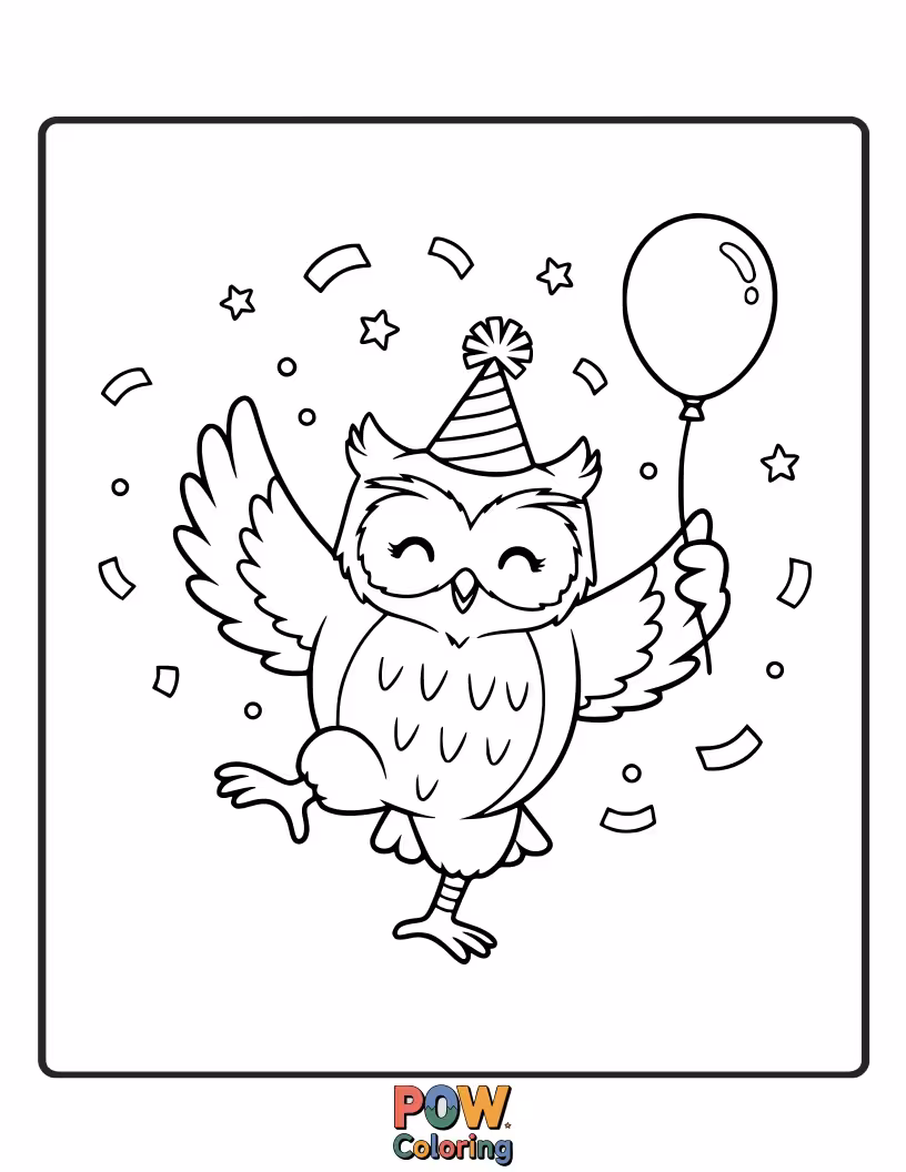 Free coloring page of A cheerful owl wearing a party hat, striking a fun pose, ready to boogie!