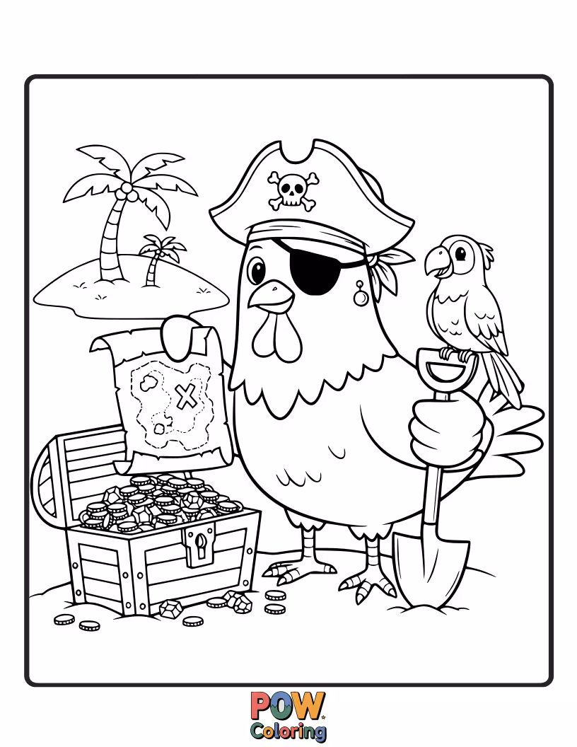 Free coloring page of A swashbuckling chicken with an eyepatch, guarding a chest of gold coins. Create a thrilling pirate adventure.