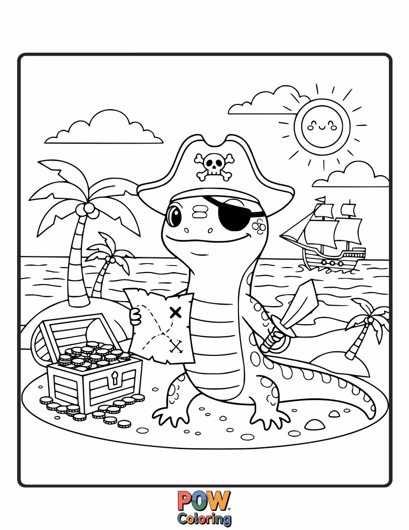 Free coloring page of A mischievous skink lizard with an eye patch and bandana, holding a tiny treasure map.