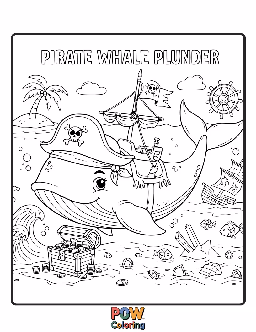 Free coloring page of A swashbuckling whale with an eyepatch and a tiny pirate hat, guarding a treasure chest filled with shiny shells.