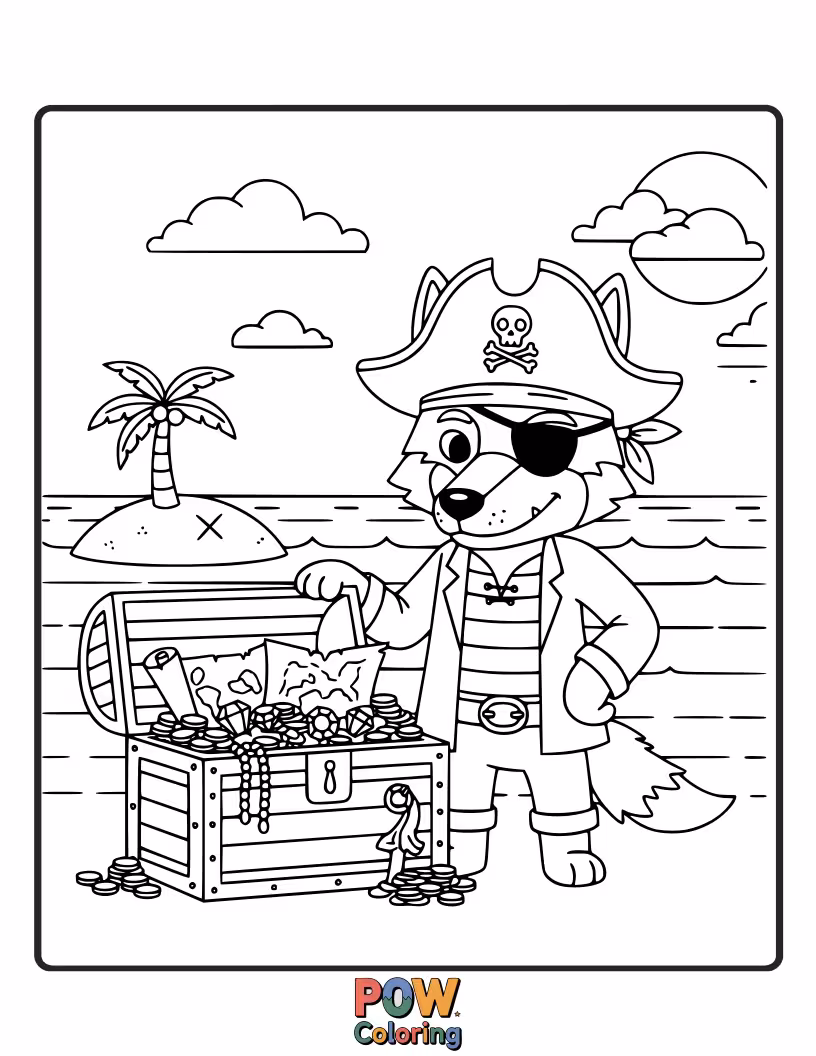 Free coloring page of A swashbuckling wolf with an eye patch and bandana unearths a chest of shiny gems.