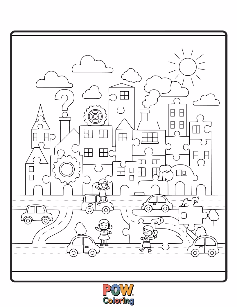 Free coloring page of A cityscape constructed from interlocking puzzle pieces, with vibrant colors and fun shapes. A creatively assembled urban wonder.