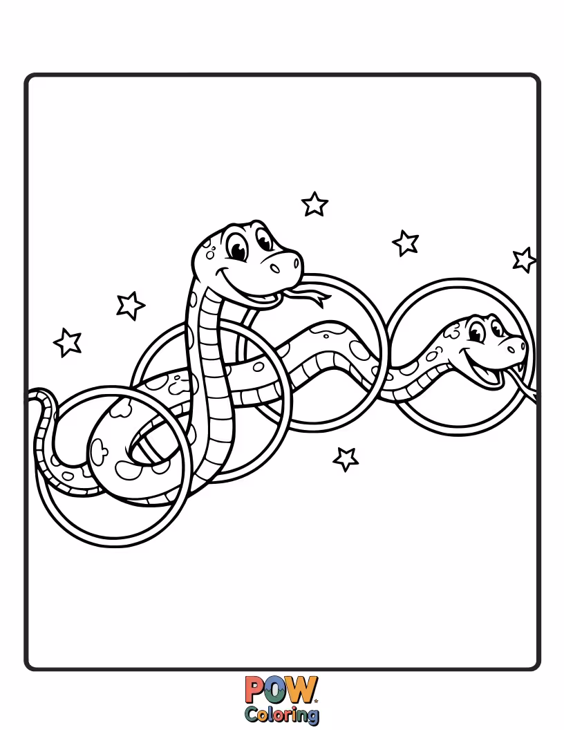 Free coloring page of A playful snake enthusiastically jumping through a hula hoop decorated with flowers.