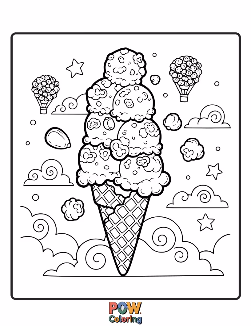 Free coloring page of A smiling popcorn kernel enjoying a giant scoop of ice cream, adorned with popcorn toppings.