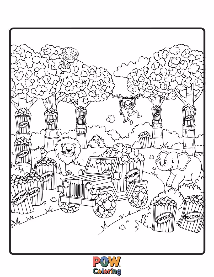 Free coloring page of Adventurous popcorn kernels exploring a vibrant jungle, encountering playful monkeys and exotic, leafy plants.