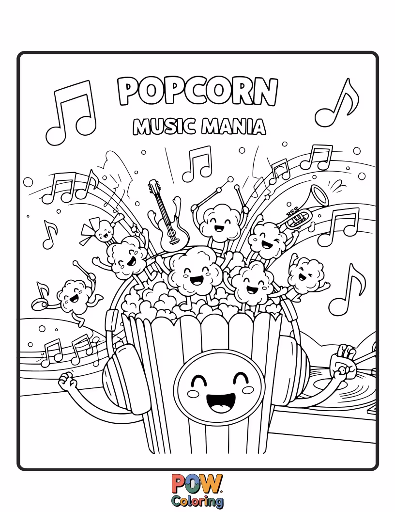 Free coloring page of Popcorn kernels jamming out with tiny instruments, creating a symphony of fun and delicious beats.
