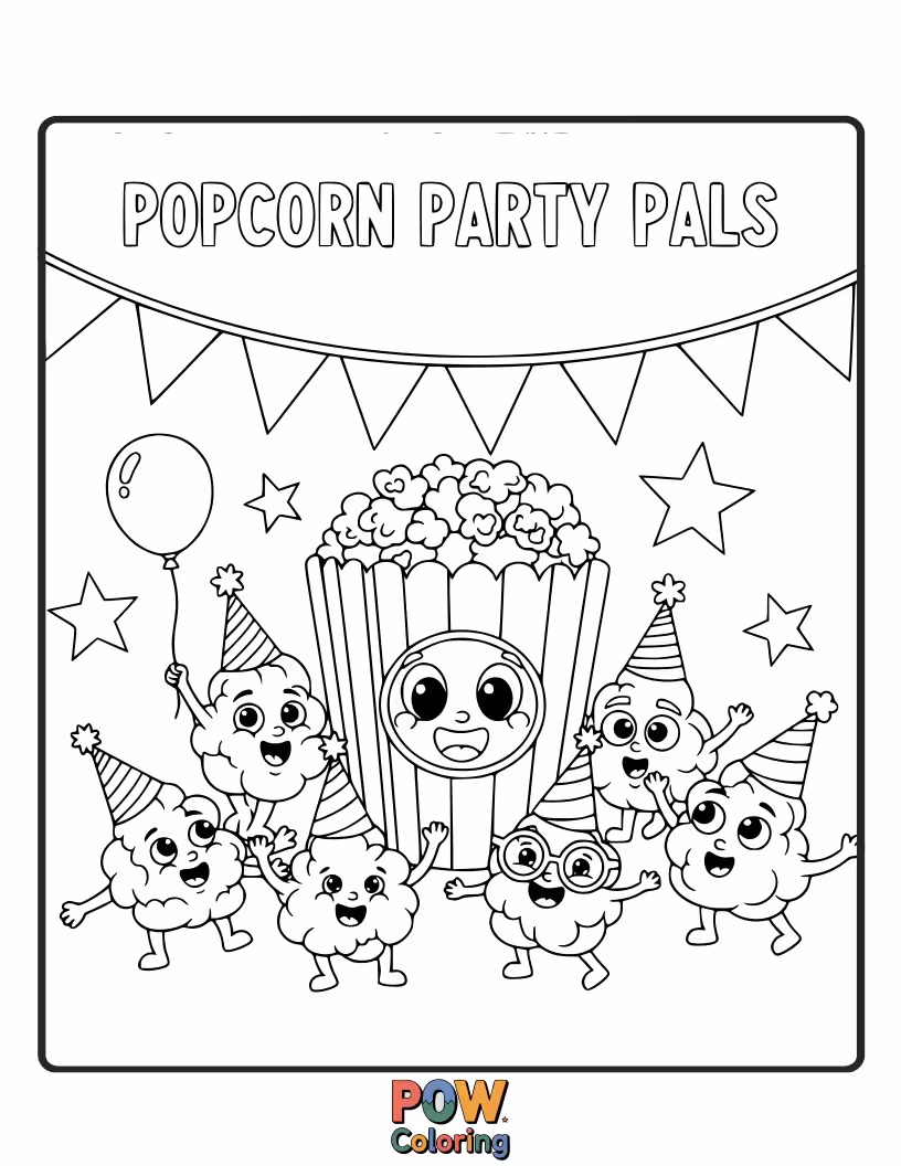 Free coloring page of Cute popcorn kernels dressed as party animals, dancing with confetti and streamers for a joyous celebration.