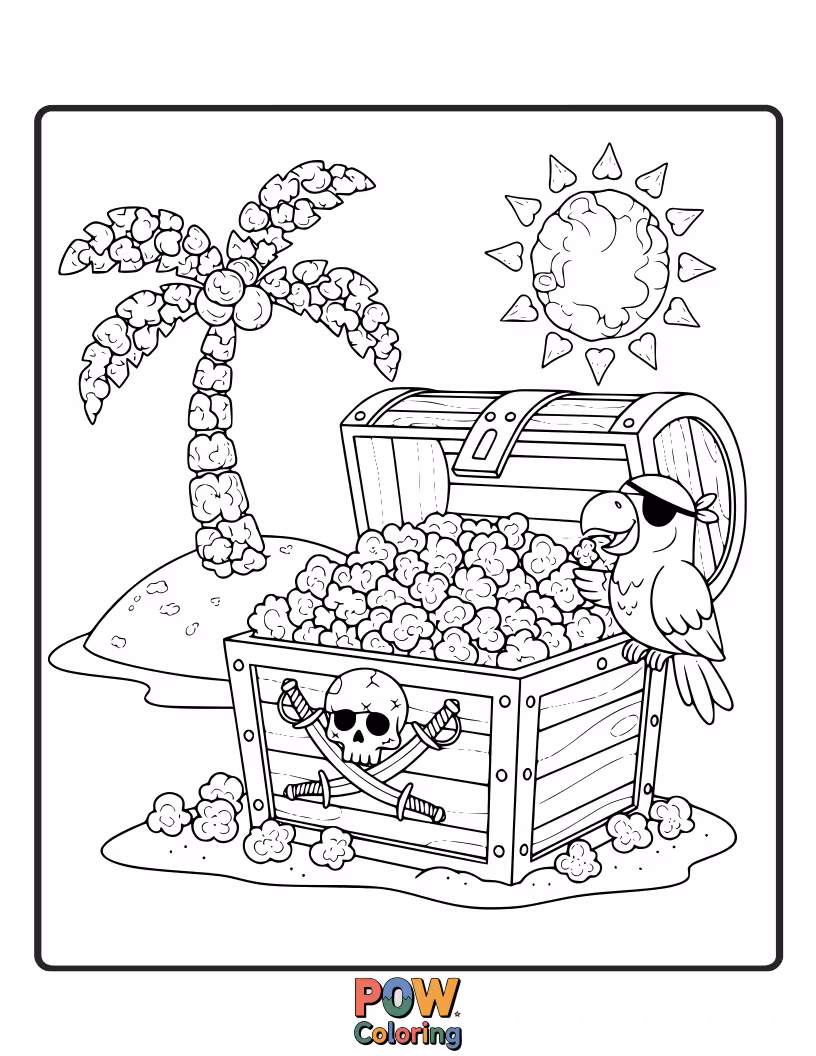 Free coloring page of A popcorn kernel opening a treasure chest overflowing with golden popcorn kernels and shiny butter coins.