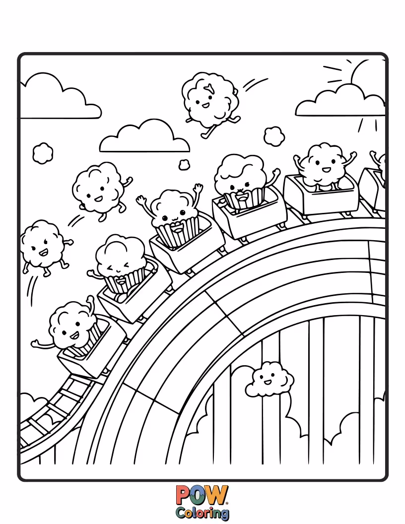 Free coloring page of A cheerful popcorn kernel sliding down a vibrant rainbow, surrounded by fluffy clouds and happy sprinkles.