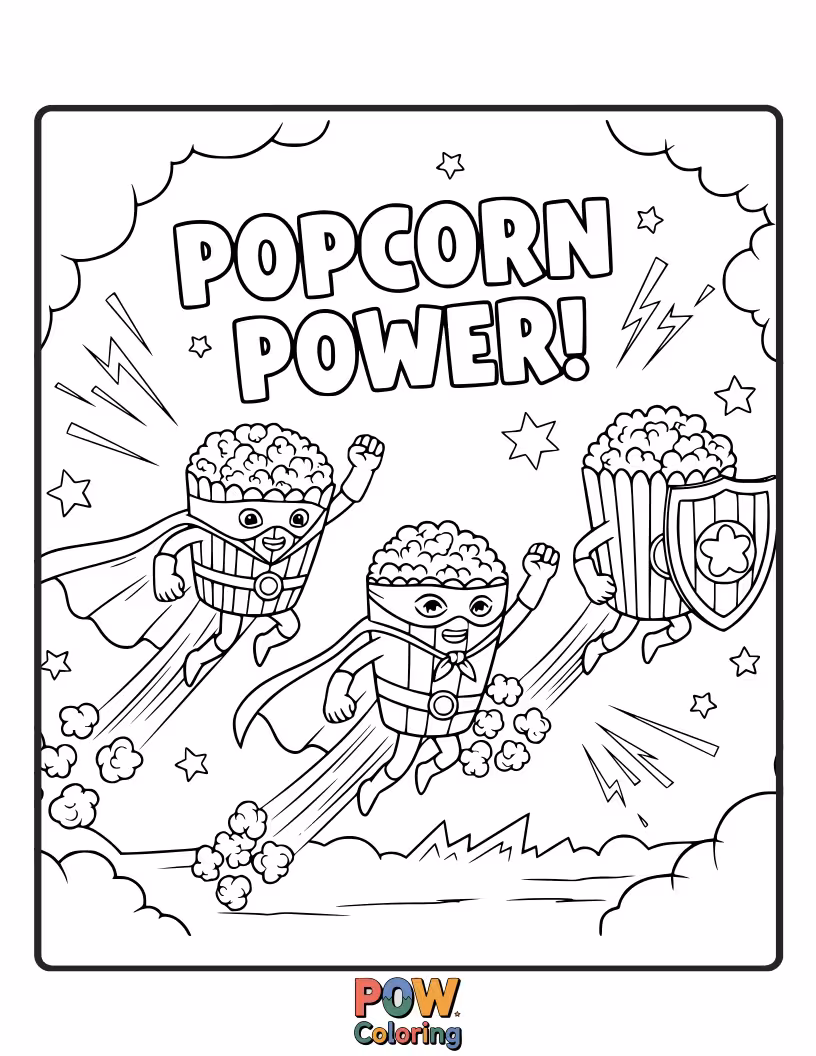 Free coloring page of A team of adorable popcorn kernels with capes and masks, ready to save the day from stale snacks.