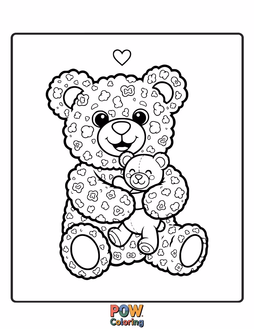 Free coloring page of A sweet popcorn kernel giving a giant teddy bear a warm, buttery hug, full of affection.