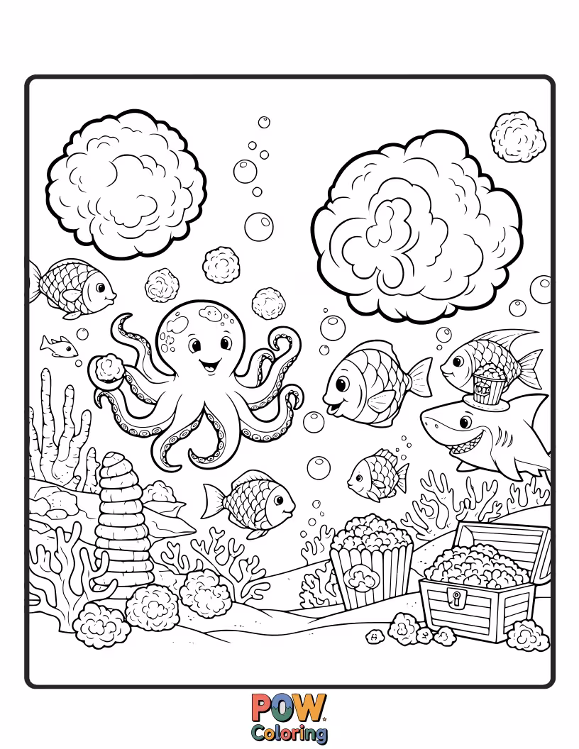 Free coloring page of Popcorn kernels exploring a vibrant coral reef, swimming with playful fish and encountering bubbly sea creatures.