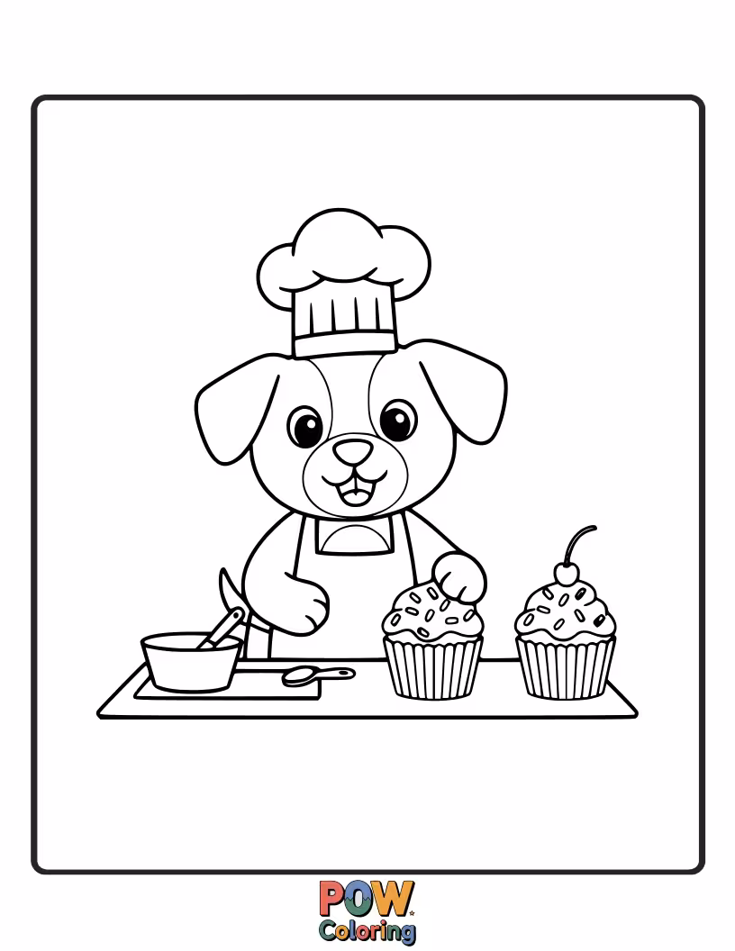 Free coloring page of Funny puppy with a flour-covered nose peeking from a sack.